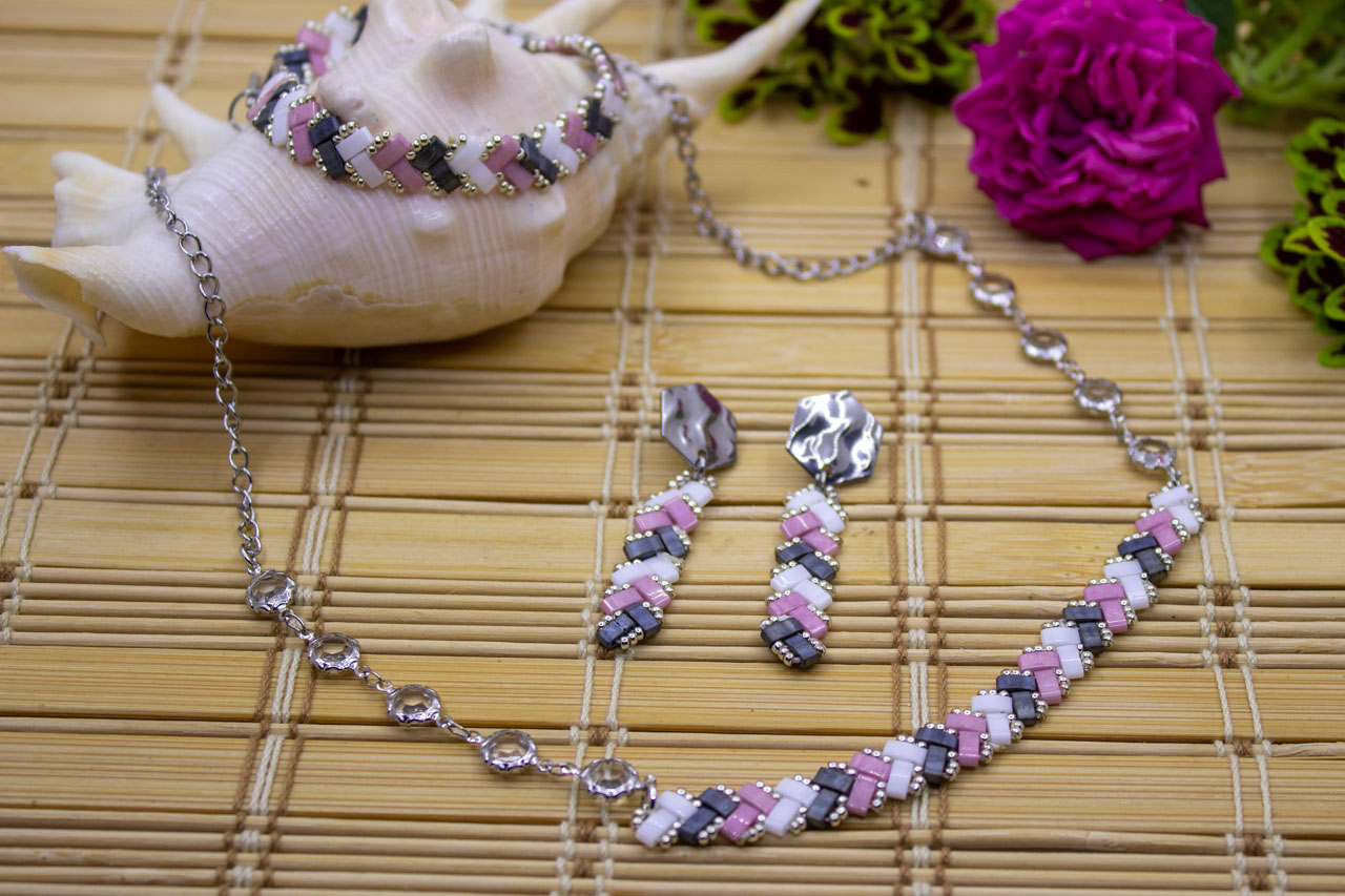 Set04_2 Lila Beyaz Füme Kolye Bileklik Küpe Seti - Görsel 1